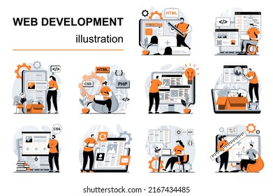 Web development concept with people scenes set in flat design. Women and men create wireframe of site, programming, coding, making user interface. Vector illustration visual stories collection for web