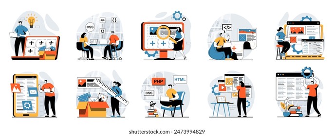 Web development concept with people scenes mega set in flat design. Bundle of character situations with wireframe site layout creation, engineering code and testing scripts. Vector illustrations.