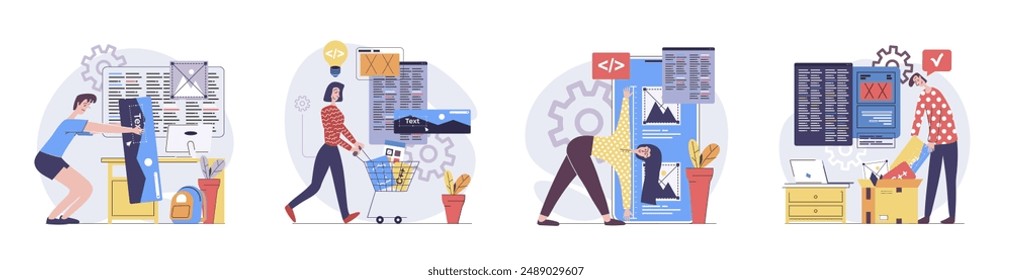 Web development concept with people scenes set in flat design. Collection of character situation with developers creating and programming wireframe app interfaces with content. Vector illustrations.