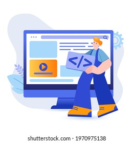 Web development concept. Programmer creates code for webpage, tests program scene. Development of programs, apps, software, ui design process. Vector illustration with people character in flat design