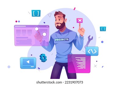 Web development concept with programmer engineering and coding website on augmented reality interface screens. Developer engineer programming project software or app design Cartoon vector illustration