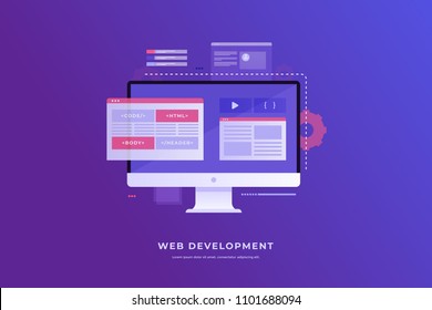 Web Development Konzept, Programmierung und Programmierung. Elemente der Benutzeroberfläche und Browserfenster auf dem Bildschirm. Digitale Industrie. Innovationen und Technologien. Vektorgrafik.