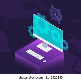 Web Development concept, programming and coding. Computer with virtual screen, gears and clock on table. Isolated on background. Isometric vector illustration.