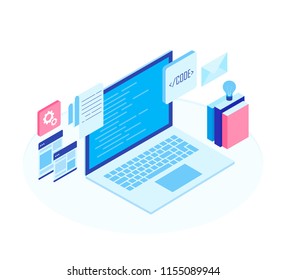 Web Development concept, programming and coding. Laptop with virtual screens on white background. Modern isometric vector illustration.