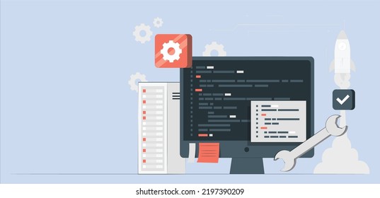 Web Development concept, programming and coding. Adaptive layout internet page or web interface on screen laptop. Programming, testing cross platform on laptop. Technology software of site