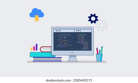 Web Development concept, programming and coding. Laptop with virtual screens on white background. vector illustration.