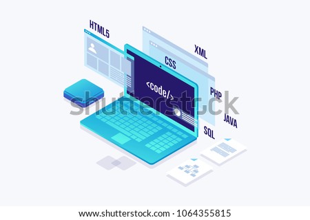 Web Development concept, programming and coding. Laptop with virtual screens on white background. Isometric vector illustration.