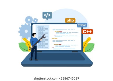Web development concept. programming language. css, html, it, ui. Cartoon character programmer developing website, coding. flat vector illustration on white background.