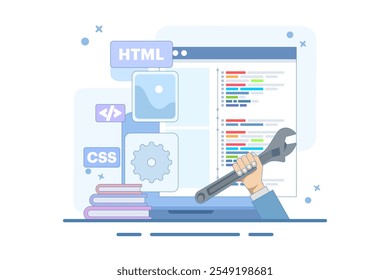 Web development concept. Programming languages. CSS, HTML, IT, UI. programmer developing website, coding. Banner. Flat vector illustration on white background.