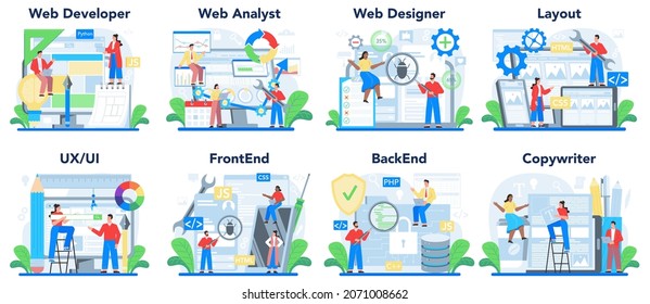 Web development concept set. Creating and presenting content on web pages. Website layout, frontend and backend design. Idea of computer technology. Flat vector illustration