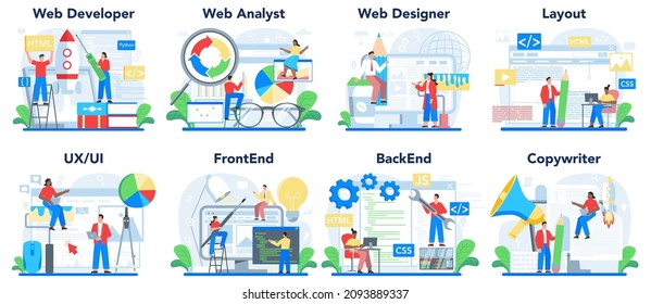 Web development concept set. Creating and presenting content on web pages. Website layout, frontend and backend design. Idea of computer technology. Flat vector illustration
