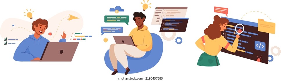 Web development concept set. Script coding, programming. Software engineer working on web development on computer, fixing bugs. Tech job, online courses, remote workers