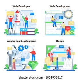 Web development concept set. Website optimization and web page interface design. Coding and testing site in the internet. Modern technology idea. Isolated flat vector illustration
