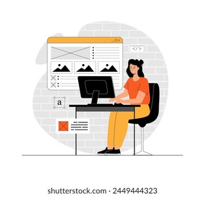 Web development concept. Sites creation and optimization, content filling. Woman work with site mockup. Illustration with people scene in flat design for website and mobile development.