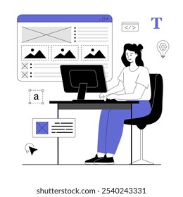 Web development concept. Sites creation and optimization, content filling. Woman work with site mockup. Vector illustration with line people for web design.	
