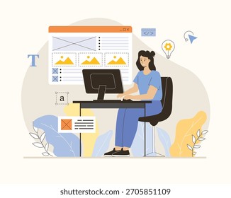 Conceito de desenvolvimento da Web. Criação e otimização de sites, preenchimento de conteúdo. A mulher trabalha com maquete de site. Ilustração de vetor plano.	
