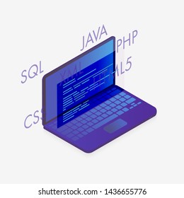 Web Development concept, Software programming, data processing and coding. Laptop computer with windows virtual screens on white background. Isometric vector illustration