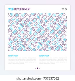 Web development concept with thin line icons of programming, graphic design, mobile app, strategy, artificial intelligence, optimization, analytics. Vector illustration for banner, web page.