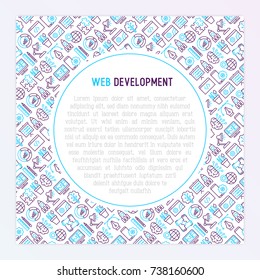 Web development concept with thin line icons of programming, graphic design, mobile app, strategy, artificial intelligence, optimization, analytics. Vector illustration for banner, web page.