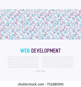 Web development concept with thin line icons of programming, graphic design, mobile app, strategy, artificial intelligence, optimization, analytics. Vector illustration for web page.