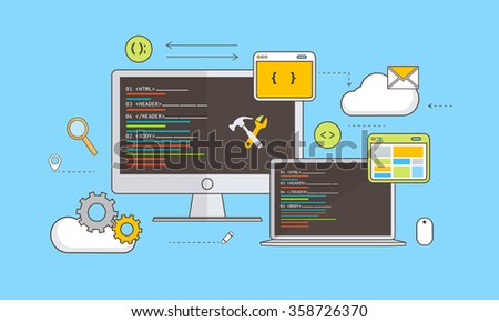 Web Development concept with various devices and infographic elements on blue background.