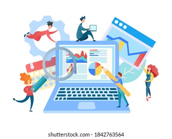Web development Concept Vector Illustration. Programmers and web developers are working on creating a selling website and web analytics.