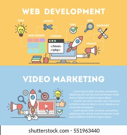 Web development concept and video marketing. Computer devices and many icons as rocket, magnifyer, loudspeaker and more.