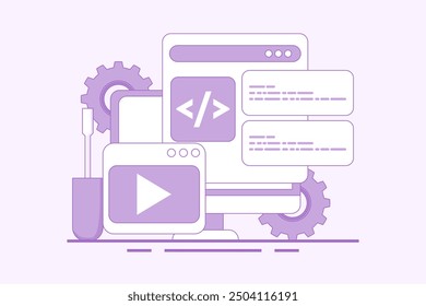 Web development concept, website builder, app development, website maintenance concept, building website project, app or website development, landing page template flat line vector.