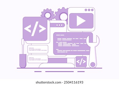 Web development concept, website builder, app development, website maintenance concept, building website project, app or website development, landing page template flat line vector.