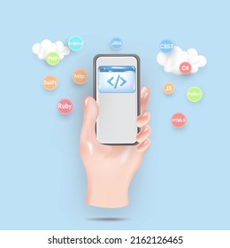 Web Development concept. Website coding on mobile, Web page on mobile 3d vector icon. Cartoon minimal style.