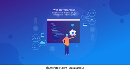 Web development concept, Website design, programming, coding, app development - vector illustration background with icons and texts