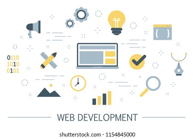 Web development concept. Website optimization and page design. Coding and testing site in the internet. Isolated flat vector illustration