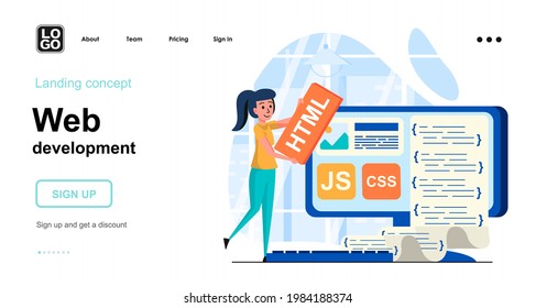 Concepto de desarrollo web. La mujer crea el diseño de la página web, la personalización y la optimización de procesos. Plantilla de escenas de personas. Ilustración vectorial con actividades de carácter en diseño plano para sitio web
