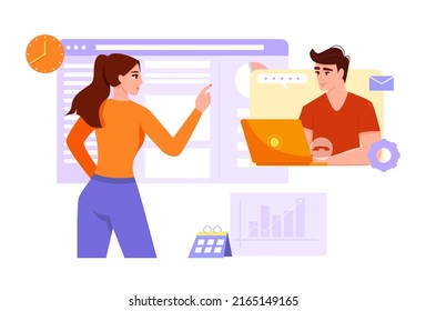 Web development concept. Woman discussing report with colleague via video chat situation. Woman  and Man create and optimize interface of website. Cartoon character.
