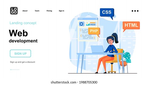 Web development web concept. Woman writes code in different program languages, creates page layout. Template of people scene. Vector illustration with character activities in flat design for website