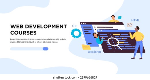 Web-Entwicklungskurse Konzept-Banner-Vorlage. Skriptcodierung und Programmiersprachen. Software-Ingenieur-Team arbeitet an Web-Entwicklung auf dem Computer. Menschen in der Technik. Fehlerbehebungskonzept für QA Engineer