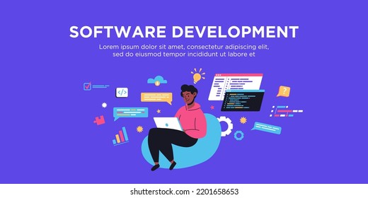 Web development courses concept banner template. Script coding and programming languages. Software engineer working on web development on computer banner, landing page
