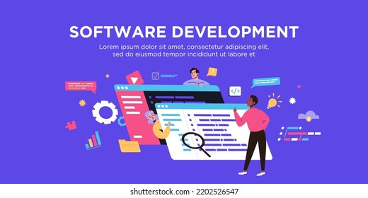 Web development courses concept banner template. Script coding and programming languages. Software engineer team working on web development on computer. People in tech. QA engineer bug fixing concept