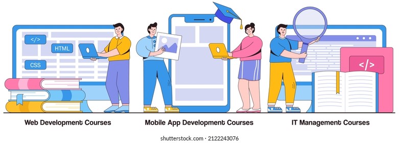 Web development courses, mobile app development and IT management classes concept with people character. Information technology career vector illustration set. Junior frontend, online coding metaphor.