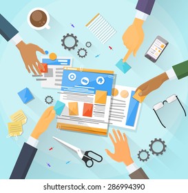 Web Development Create Design Site Building Team People Hands Office Desk Programming Coding Vector Illustration