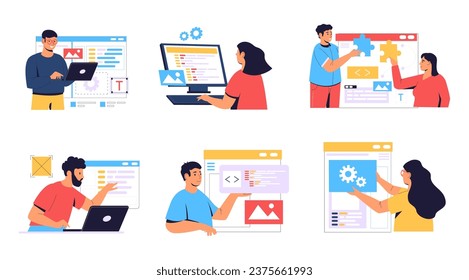 Web development creating mobile web page, software developers. Vector of smartphone usability code, designer process and programming illustration