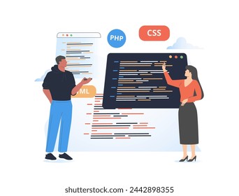 Webentwicklung Erstellen einer mobilen Webseite. Programmierer, die Websites erstellen, weibliche und männliche Entwickler, die an Software arbeiten. Mann generierende Idee, Frau macht Schnittstelle Vektor-Illustration