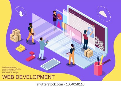 Web development design concept with character and text place. Can use for web banner, infographics, hero images. Flat isometric vector illustration 