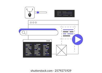 Web development, web design concept. Developer brainstorming UI and UX designs for webpage user interface or mobile app. Flat Cartoon Vector Illustration, icon. Stylish abstract 