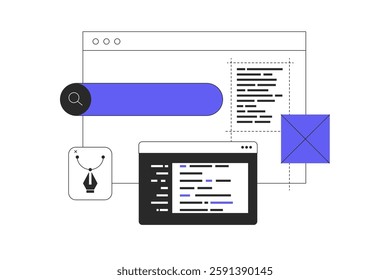 Web development, web design concept. Developer brainstorming UI and UX designs for webpage user interface or mobile app. Flat Cartoon Vector Illustration, icon. Stylish abstract Flat design web