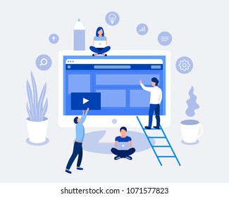 Web development design concept. Small people design, coding, building a web page interface. Trendy flat style. Vector illustration.