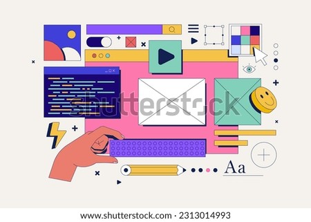 Web development, web design concept with UI UX elements collage for web banner op poster. Vector illustration