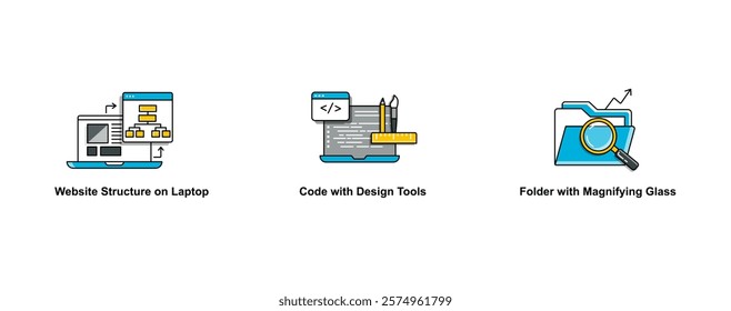 Web Development and Design. Folder with Magnifying Glass, Code with Design Tools, Website Structure on Laptop