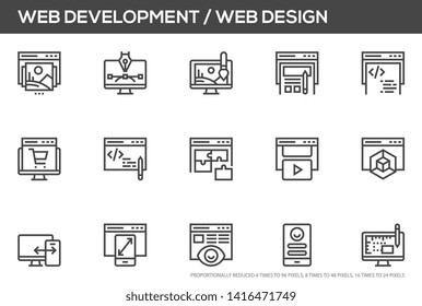 Conjunto de iconos de línea vectorial de desarrollo web y diseño web. Diseño de interfaz de usuario, programación y codificación de páginas web, desarrollo de aplicaciones móviles, diseño receptivo. Iconos de píxeles perfectos, como pueden escalarse a 24,