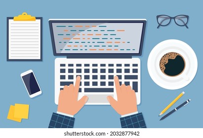 Web development Desktop management and IT workplace background. Top view of a table, laptop, folder, documents, notepad, business card, books, coffee, business, organization. Eps 10